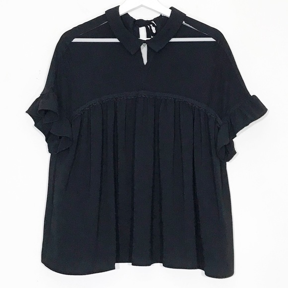 Ina Tops - INA Black Ruffled Flutter Babydoll Top Sheer Top L